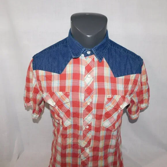 Salt Valley Western Mens M Red Plaid Denim Detail Short Sleeve pearl Snap Shirt - Picture 2 of 12
